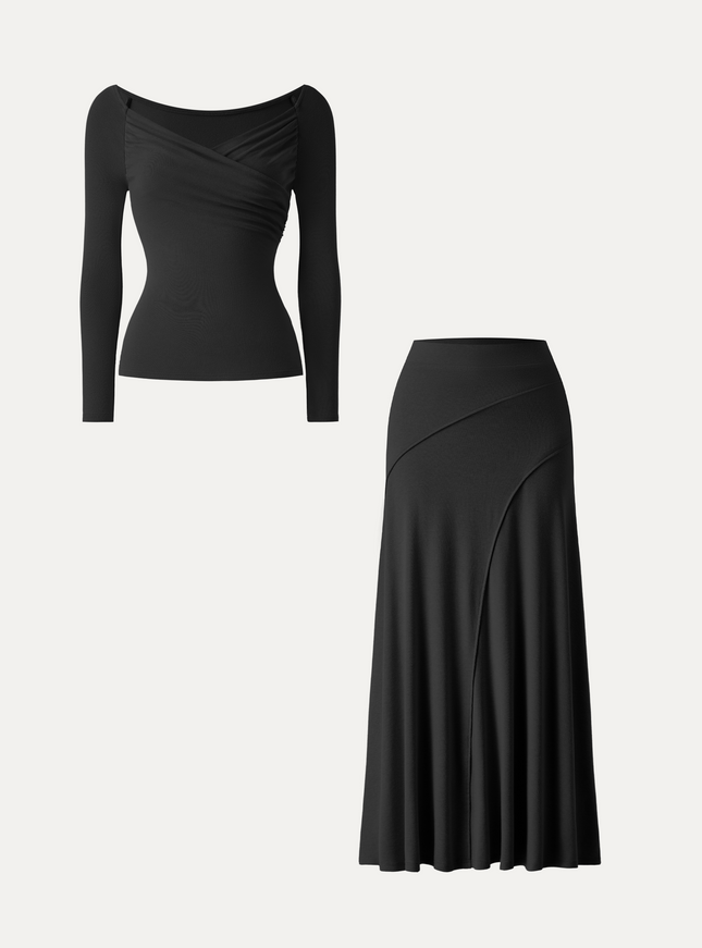2Pcs Set Surplice Long Sleeve Ruched Top & A-Line Midi Skirt