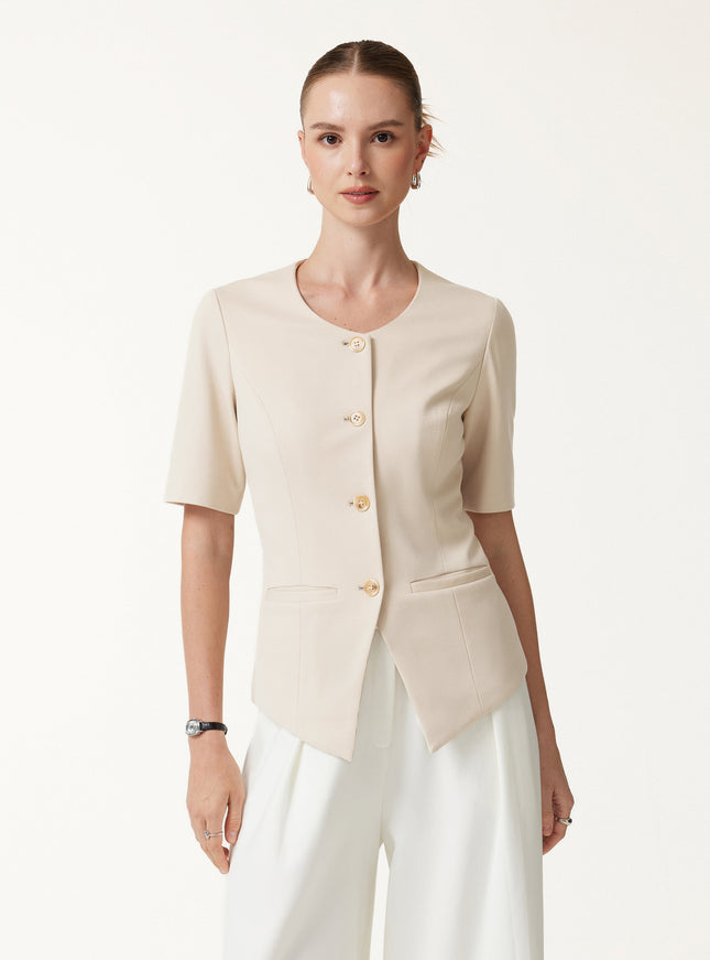 Ponte Office Round Neck Elbow Sleeve Jacket with Pockets