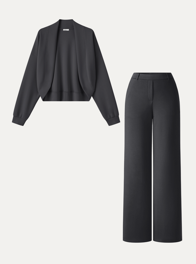 2Pcs Set Long Sleeve Shrug Cardigan & High-Rise Wide Leg Pants with Pockets