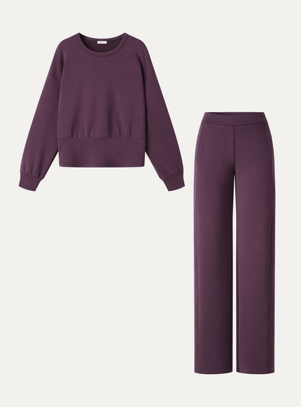 2Pcs Set MaxWarm Fleece Round Neck Long Sleeve Top & High-Rise Belted Wide-Leg Pants with Pockets