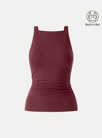 Chic Square Neck Ruched Rib Built-In Bra Tank