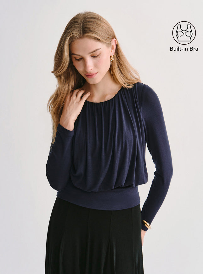 Lyocell-Wool Round Neck Long Sleeve Tucked Built-In Bra Top