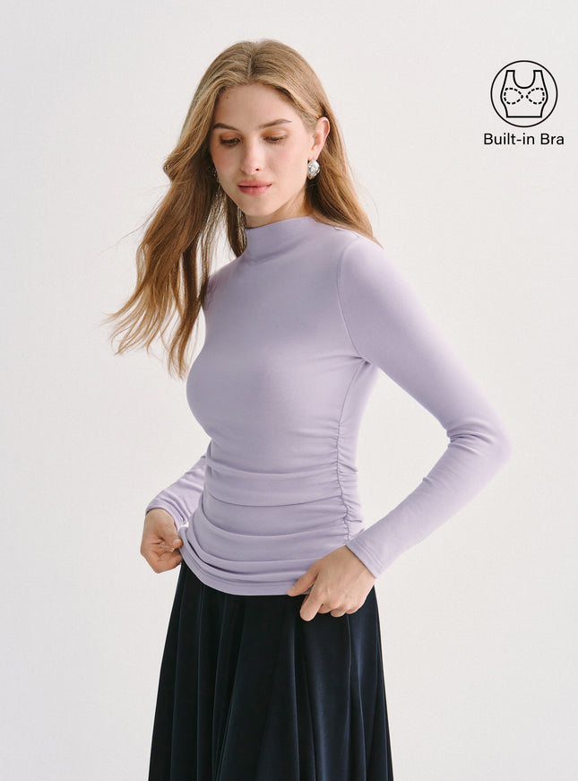 Mock Neck Long Sleeve Ruched Built-In Bra Top