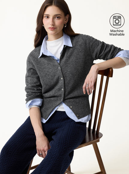 100% Merino Wool Crew Neck Long Sleeve Button-Front Cardigan