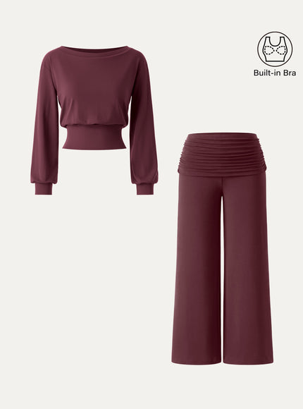 2Pcs Set Boatneck Built-In Bra & Drapey Wide Leg Pull-on Pants with Pockets