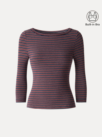 Striped Parisian Boatneck 3/4 Sleeve Built-In Bra Top
