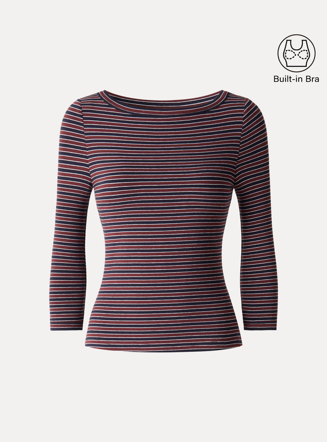Striped Parisian Boatneck 3/4 Sleeve Built-In Bra Top