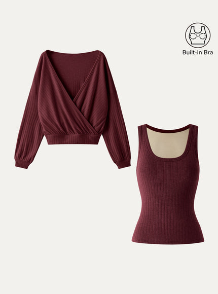 2Pcs Set MaxWarm U-Neck Built-In Bra Top & Crossover Banded Hem Top