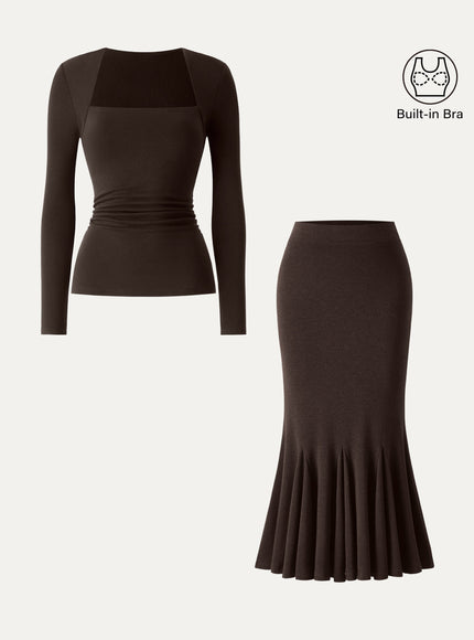 2Pcs Set Trapeze Neck Ruched Built-In Bra Top & High-Rise Mermaid Midi Skirt