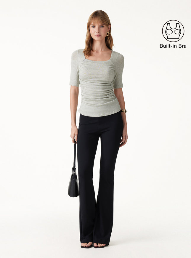 Lyocell-Wool Square Neck Elbow Sleeve Ruched Built-In Bra Top