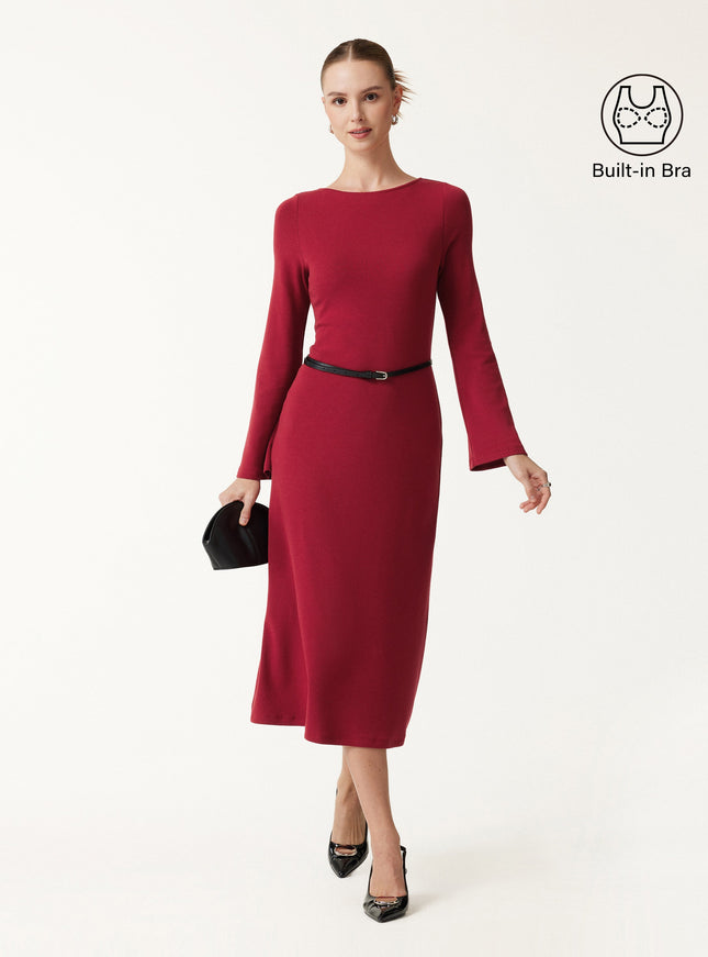 Boatneck Bell Sleeve Midi Built-In Bra Dress