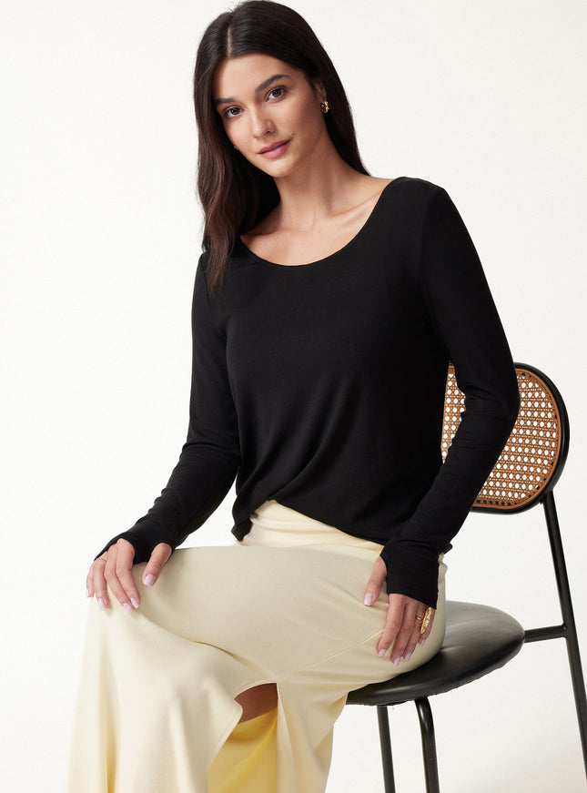 Premium Lyocell-Wool Scoop Neck Thumbhole Long Sleeve Top