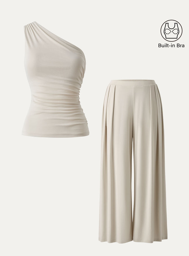 2Pcs Set Regular Wide Leg Palazzo Pant with Pockets & Ruched Built-In Bra Tank