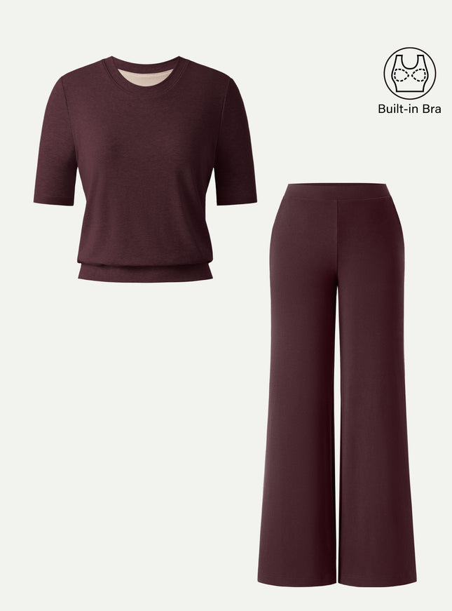 2Pcs Set Regular Mid Rise Wide Leg Pants & Crewneck Built-In Bra Top