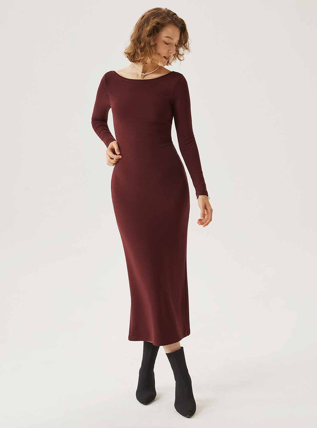 Boatneck Open-Back Midi Built-In Bra Dress