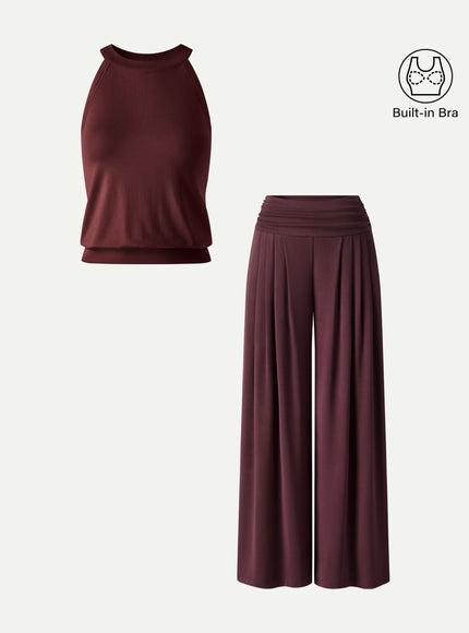 2Pcs Set Halter Neck Built-In Bra Tank & Tucked Pant with Pockets
