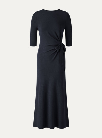 Slub Ribbed Round Neck Elbow Sleeve Tie-Waist Midi Dress