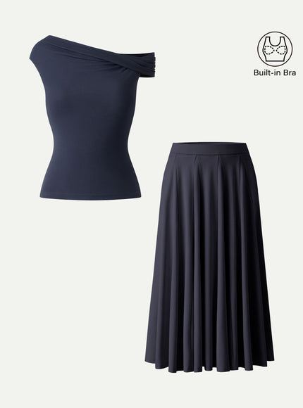 2Pcs Set Multi-wear Built-In Bra Top & Volume Skirt with Pockets