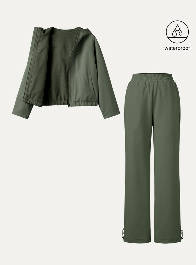 2Pcs Set Fleece Reversable Hooded Jacket & Fleece-Lined Elastic Waist Pants