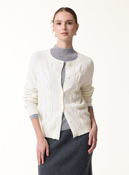Merino-Blend Cable-Knit Crew Neck Long Sleeve Cardigan