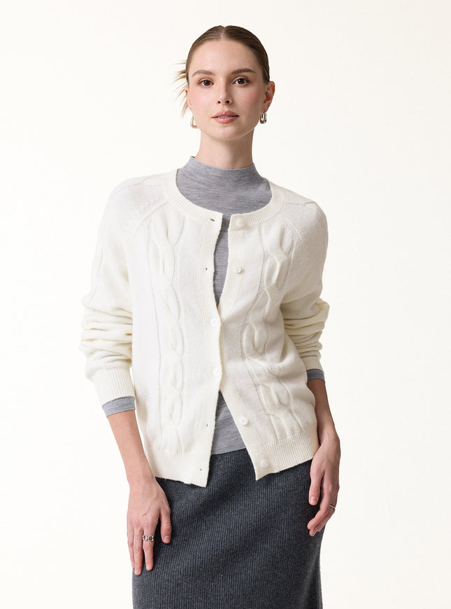 Merino-Blend Cable-Knit Crew Neck Long Sleeve Cardigan