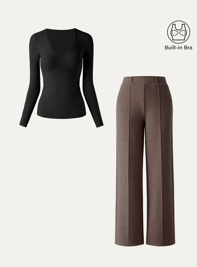 2Pcs Set V-Neck Side-Tuck Built-In Bra Top & High Waisted Warm Straight Leg Pull On Pant