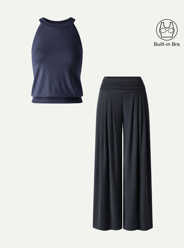 2Pcs Set Halter Neck Built-In Bra Tank & Tucked Pant with Pockets