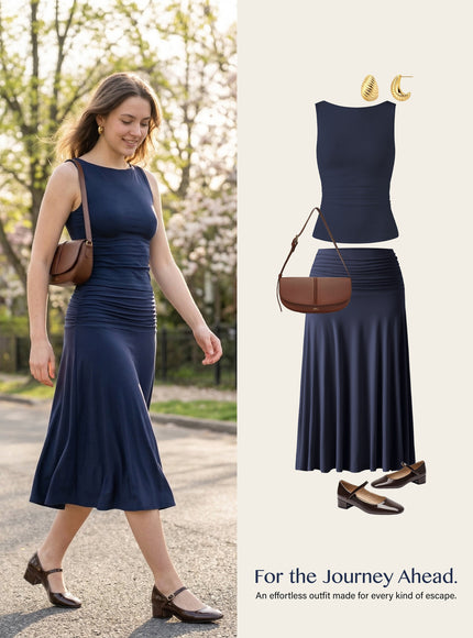 2Pcs Set Open Back Built-In Bra Tank & Side Ruched A-line Midi Skirt