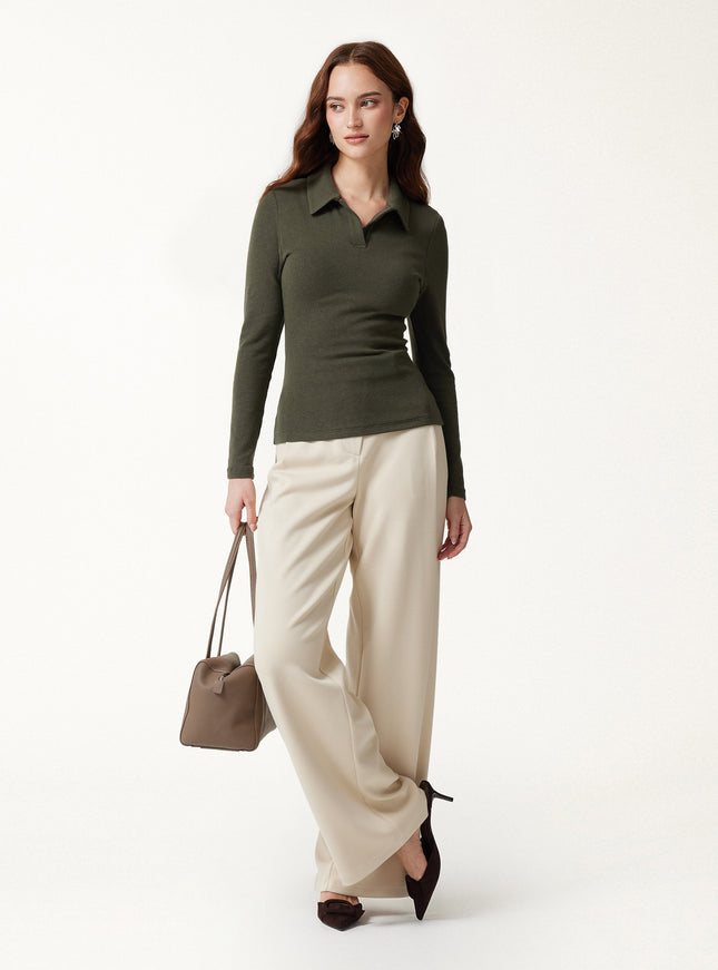 Office Staple V-Neck Lapel Long Sleeve Built-In Bra Top