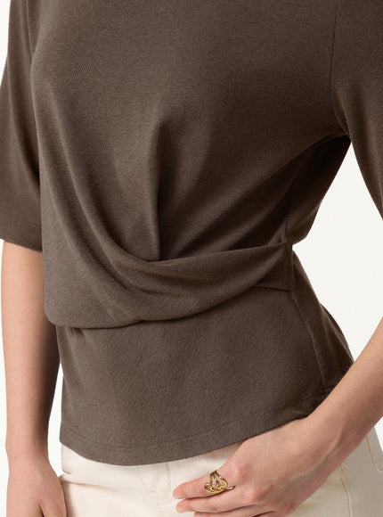 Round Neck Elbow Sleeve Side-Tuck Top