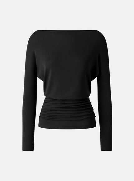 Lyocell-Wool Slash Neck Long Sleeve Ruched Banded Hem Top