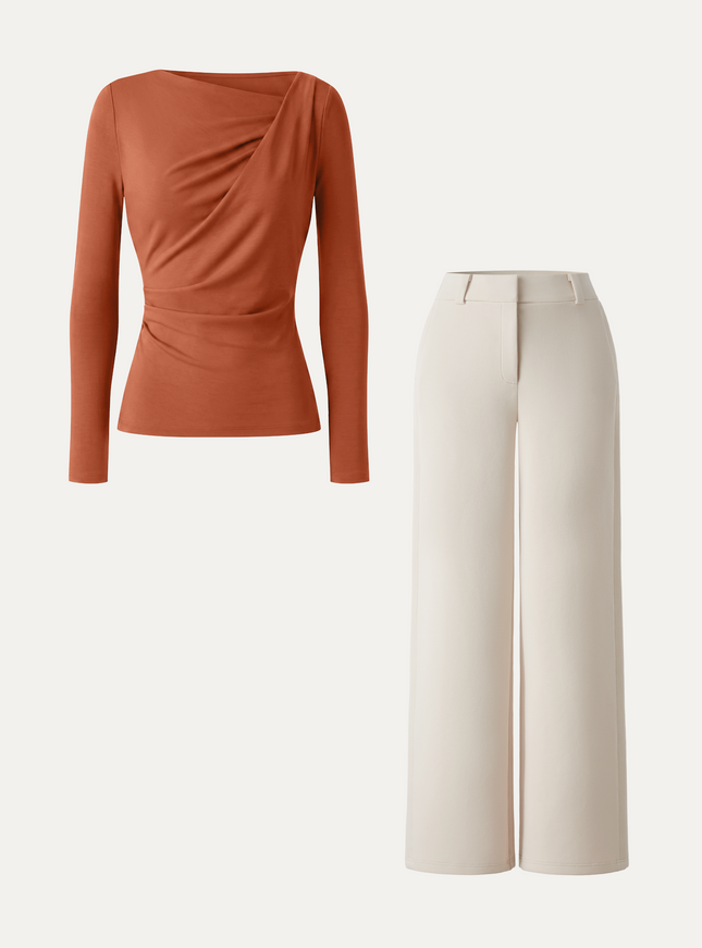 2Pcs Set Asymmetrical Neck Long Sleeve Top & Mid Rise Wide Leg Trouser