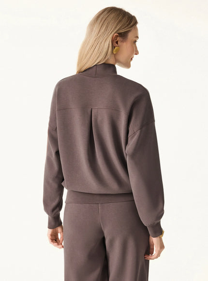 2Pcs Set Mockneck Long Sleeve Shirt & High-Rise Wide Leg Pants with Pockets