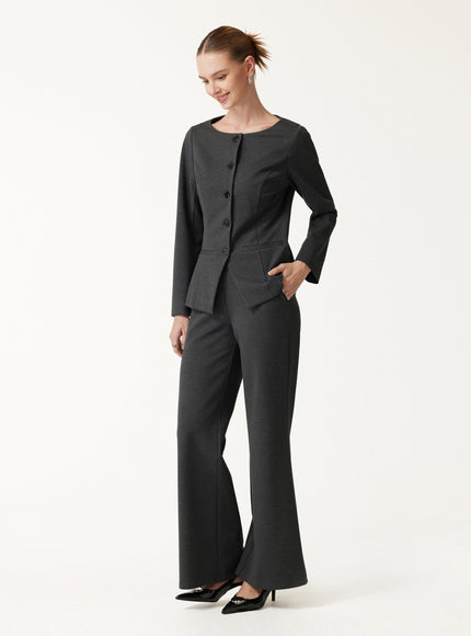 2Pcs Set Neck Long Sleeve Jacket with Pockets & Mid-Rise Wide-Leg Pants with Pockets