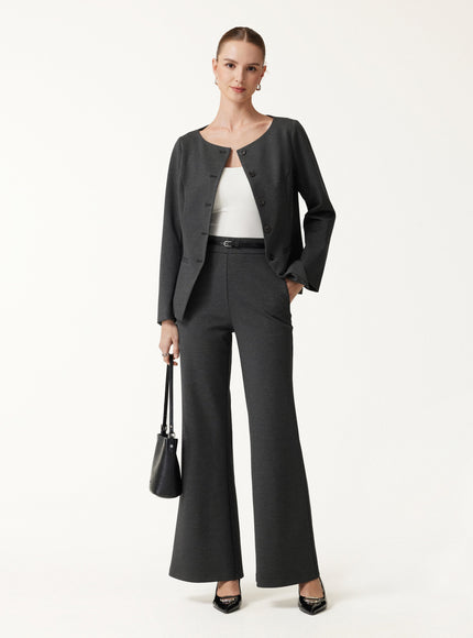 2Pcs Set Neck Long Sleeve Jacket with Pockets & Mid-Rise Wide-Leg Pants with Pockets