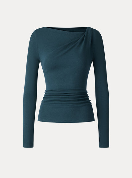 Asymmetrical Neck Long Sleeve Ruched Top