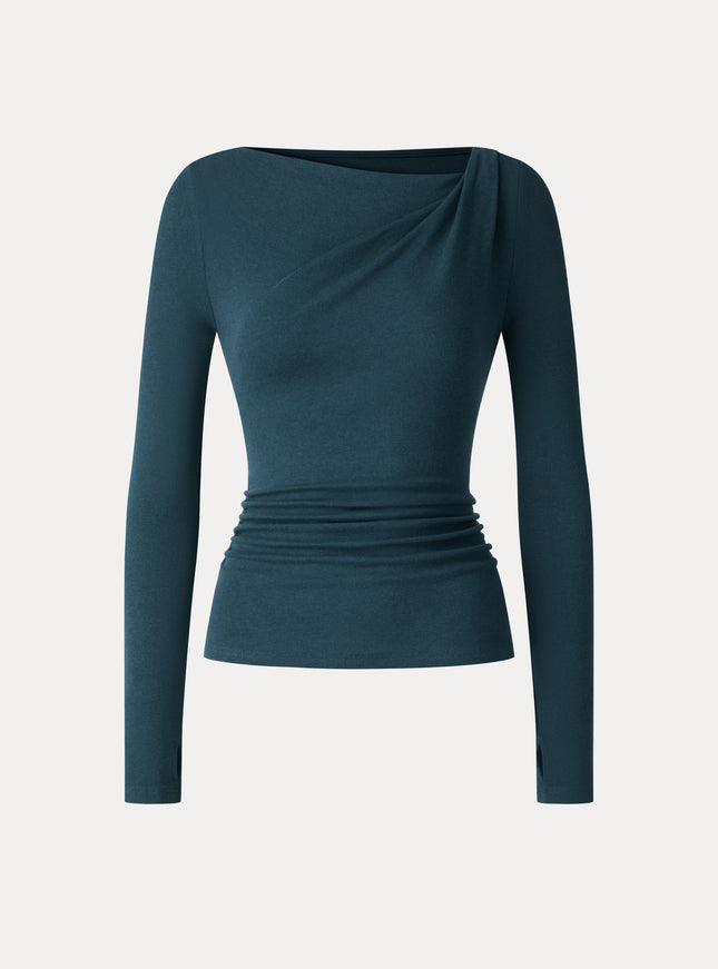 Asymmetrical Neck Long Sleeve Ruched Top