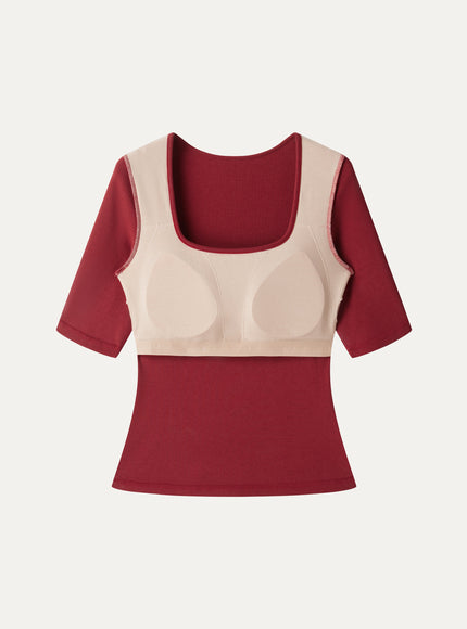 Square Neck Elbow Sleeve Built-In Bra Top