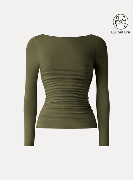 Boatneck Ruched Built-In Bra Top