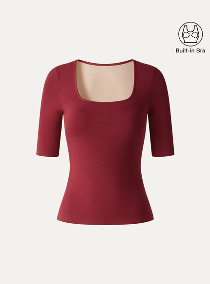 Square Neck Elbow Sleeve Built-In Bra Top