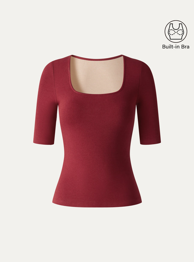 Square Neck Elbow Sleeve Built-In Bra Top