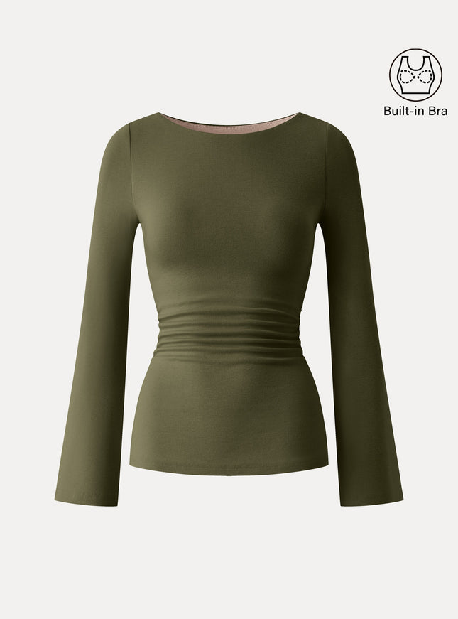 Round Neck Bell Sleeve Ruched Built-In Bra Top