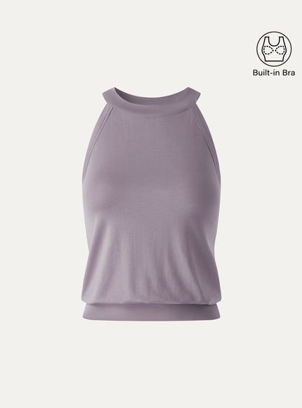 Halter Neck Banded Hem Built-In Bra Tank