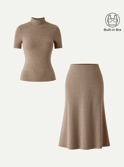 2Pcs Set Mockneck Built-In Bra Top & Pull-On Midi Skirt