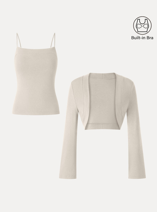 2-Piece Top Set Square Neck Spaghetti Strap Bell Sleeve Built-In Bra Cami