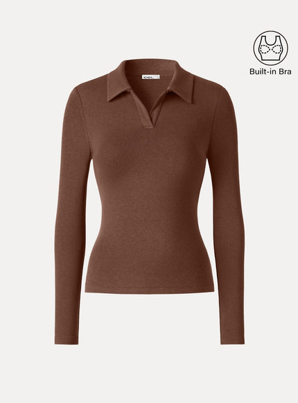 Office Staple V-Neck Lapel Long Sleeve Built-In Bra Top