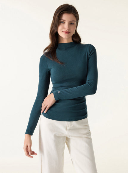 Mockneck Long Sleeve Built-In Bra Top - Forest Night