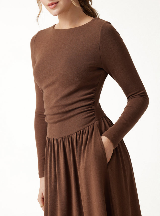 Boatneck Ruched Mini Built-In Bra Dress with Pockets