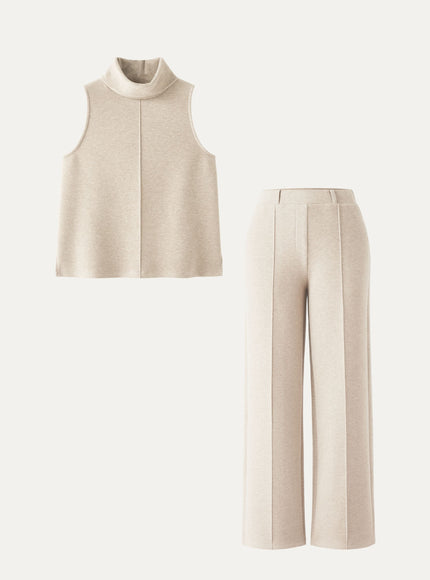 2Pcs Set Petite High Waisted Warm Straight Leg Pull On Pant & Split Hem Top
