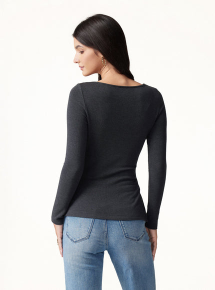 Asymmetrical Neck Long Sleeve Tucked-Waist Top